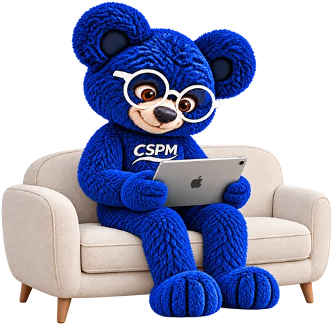 L’ours CSPM souscrit son assurance sur tablette, installé dans un canapé